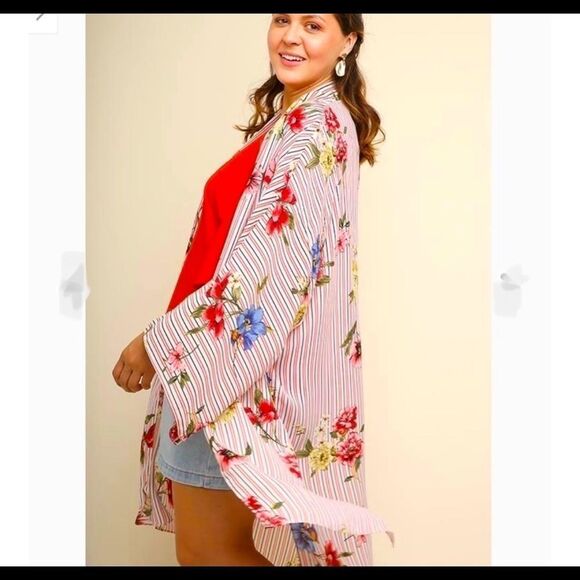 Umgee PLUS Kimono Hippie Boho Jacket Top Floral Stripes - Picture 1 of 4